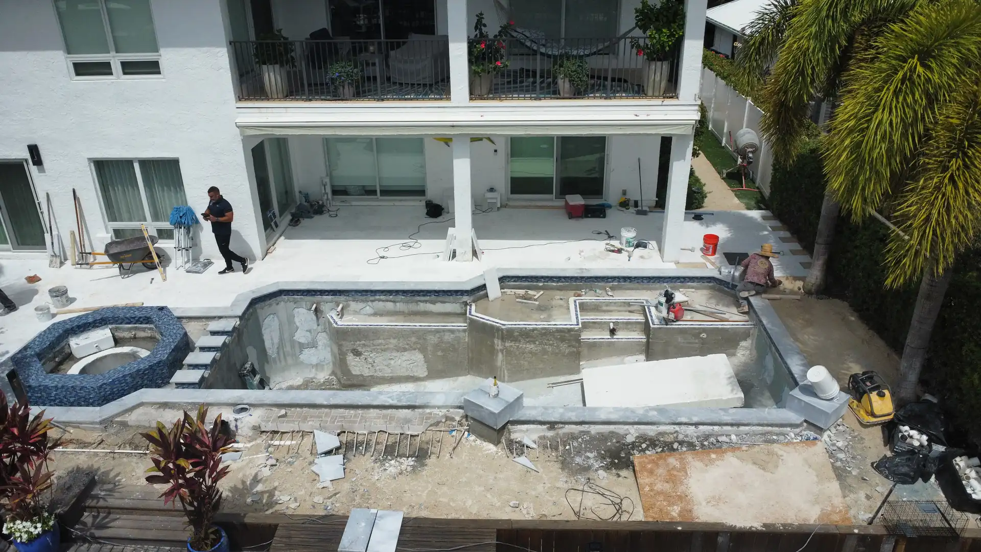 Pool and spa remodel under construction, aerial view